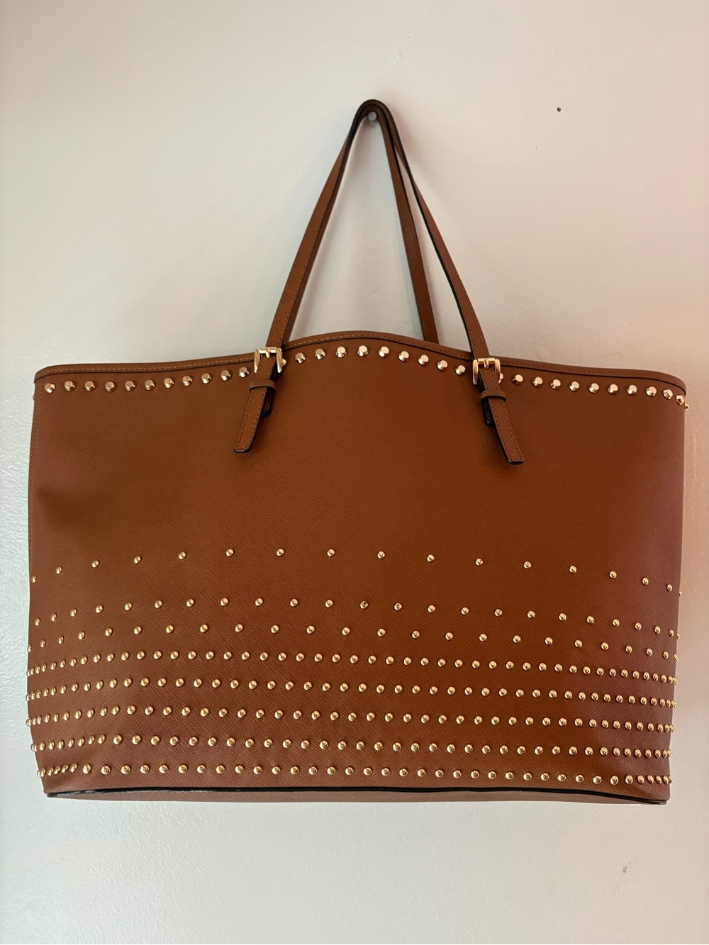 Michael Kors Cognac Leather Studded Tote with Gold Accents - Picture 3 of 9